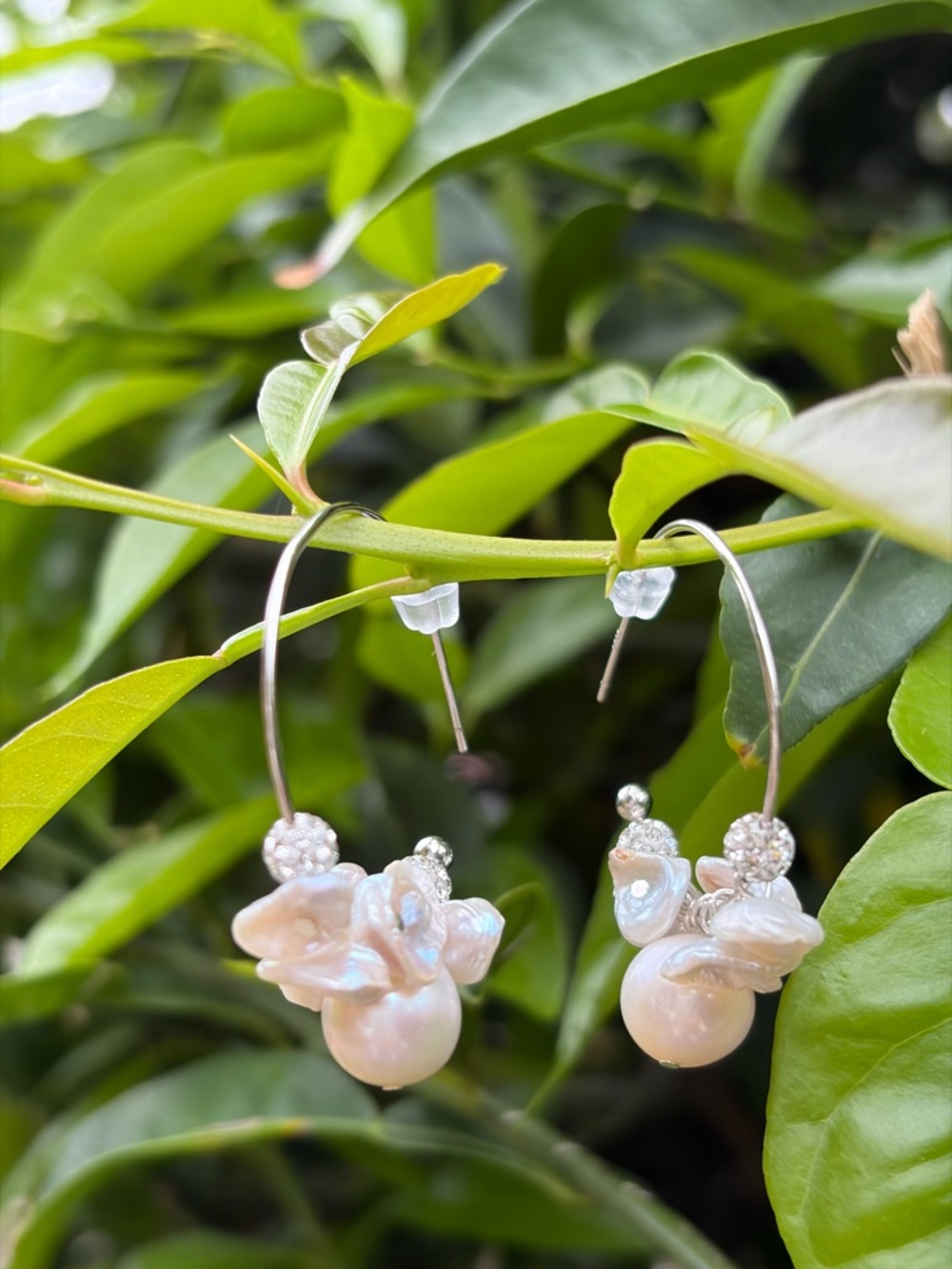 S925 White Pearl Hoop Earrings with  Accents